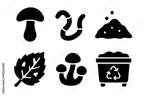 Leaf decay and composting icon set. Solid glyphs of mushroom, earthworm, soil, fungus, leaf mold, and compost bin. Organic recycling vector illustration for eco concepts.