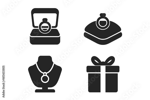 Jewelry display solid icon set. Ring in box, necklace on mannequin stand, gift present box and ring on velvet cushion. Vector glyphs for packaging and presentation.