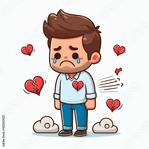Digitally rendered cartoon illustration depicts a man standing, appearing sorrowful and heartbroken, with shattered hearts and tears surrounding him.