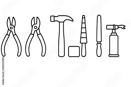 Jewelry making tool icon set. Outline vector illustration of goldsmith & silversmith equipment. Pliers, cutter, hammer, bench block, mandrel, file, & soldering torch.
