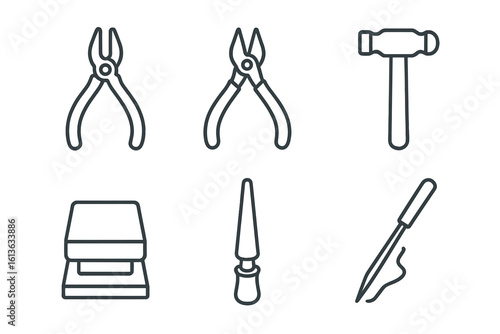 Jewelry tool icon set. Outline vector graphic collection for jewelry making and repair. Includes pliers, wire cutter, hammer, bench block, mandrel, and soldering iron. Goldsmith craft.