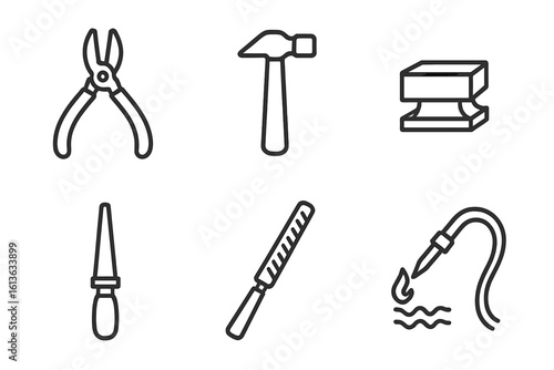 Jewelry making tool icon set. Outline vector symbols for handmade crafting. Includes goldsmith hammer, pliers, anvil, file, soldering torch for workshop or DIY projects.