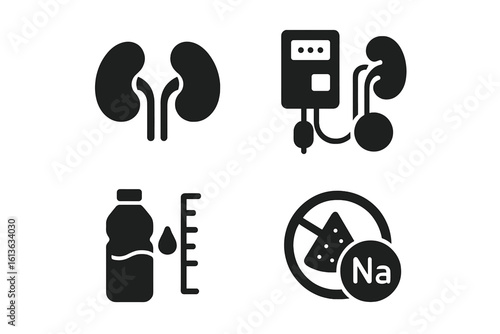 Kidney care icon set. Solid glyph icons for nephrology and urology. Chronic kidney disease concept, renal failure, dialysis machine, fluid restriction, low sodium diet.