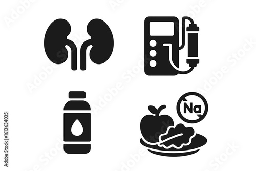 Kidney care solid glyph icon set. Icons for nephrology, kidney disease, dialysis machine, hemodialysis, fluid intake tracker, and low sodium diet. Vector illustration.