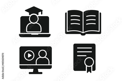 E-learning icon set. Solid glyph icons for online education, training course, webinar, video lecture, digital library, student graduation cap, and diploma certificate.