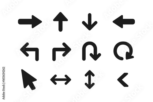 Arrow icon collection for web & mobile apps. Black vector signs for UI UX interface design. Navigation symbols like next, back, up, down, refresh, reload, resize & cursor.