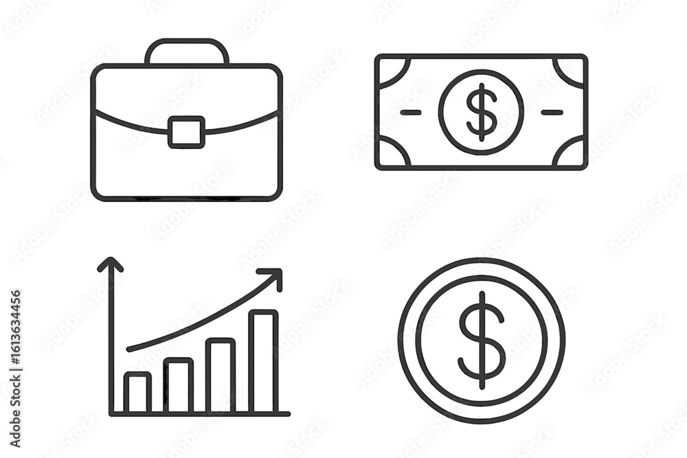 Business and finance line icons set. Vector collection of thin outline symbols. Briefcase portfolio, money cash, growth chart success, dollar coin investment concept. Business and finance line icons set. Vector collection of thin outline symbols. Briefcase portfolio, money cash, growth chart success, dollar coin investment concept.