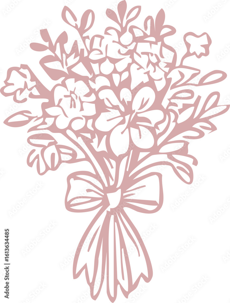 Fototapeta premium Simple line drawing of bouquet of flowers tied with ribbon, minimalist and elegant, suitable for decoration or greeting card design