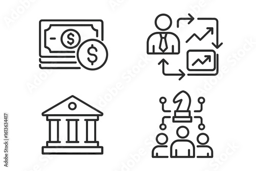 Business and finance line icon set. Money, payment, and corporate growth concepts. Bank, teamwork, and management icons. Business process, workflow, and strategy pictograms.