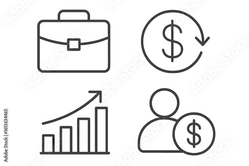 Business and finance icon set in thin line style. Vector symbols for portfolio, cash flow, investment growth, profit analysis, and employee salary. Editable stroke graphics.