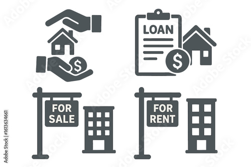 Real estate icon set. Buying a house, property investment. Home loan and mortgage contract. For sale and for rent signs with apartment building. Financial concept vector.
