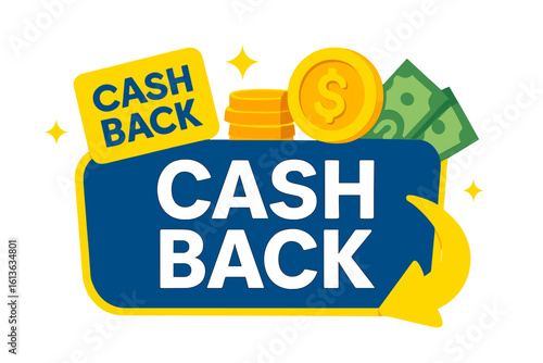 Cash back banner service. Saving money concept. Financial promotion. Reward program icon. Loyalty bonus. Vector illustration. Get money back. Dollar coin return sticker.