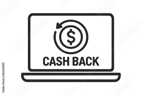 Cash back vector icon on a laptop screen. Money refund concept for online shopping. E-commerce loyalty program reward symbol. Financial bonus and digital payment sign.
