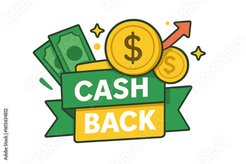 Cash back promotion banner. Money saving reward program concept. Vector illustration of dollar coins and bills for financial bonus or loyalty offer. Isolated icon design.