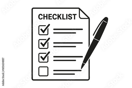 Checklist with pen icon. To do list and task management concept. Planning, survey, questionnaire, or exam form. Check mark symbol for completed goals. Vector illustration.