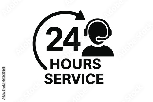 24 hours service icon. Customer support and service open 24-7. Call center operator with headset symbol. Vector illustration for assistance, helpdesk, and hotline.