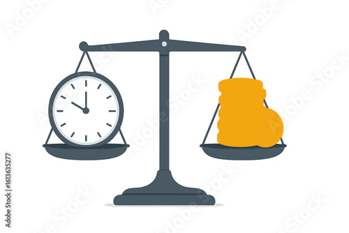 Time is money concept. Clock and coins on a balance scale. Vector illustration of balancing time and money. Work-life balance metaphor. Financial decision and value.