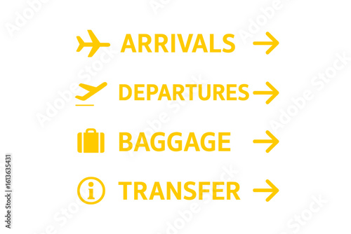 Airport signs vector icon set. Arrivals, departures, baggage claim, and transfer information board. Flight navigation symbols for terminal wayfinding and travel direction.