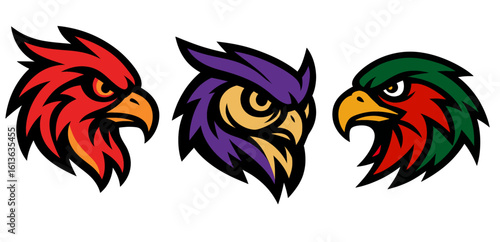 set of three distinct, aggressively stylized bird heads in a horizontal line on a white background. From left to right: a fierce red phoenix, a stern purple owl with yellow eyes, and a colorful eagle