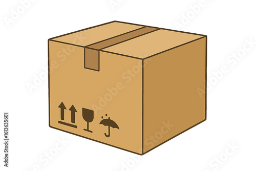 Cardboard delivery box for shipping and moving. Vector illustration of a sealed carton package with fragile handling symbols. Isolated icon for logistics, e-commerce.