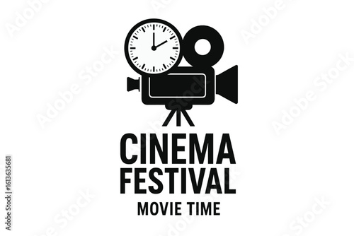 Cinema festival poster template with retro movie camera silhouette. Film time concept with a clock on the reel. Vector logo for movie night, cinema event, or film production.