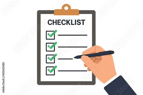 Hand with pen marking checkbox on a clipboard. Business concept for completed tasks, to do list, and successful project management. Survey form and planning schedule vector icon.