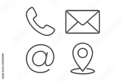 Contact us icon set. Simple line art web buttons for business communication. Vector graphic includes phone, mail, email at-sign, and address location map pin symbols.