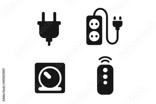 Electricity and lighting equipment vector icon set. Solid glyph symbols for plug adapter, power strip extension cord, wall dimmer switch, and wireless smart home remote control.