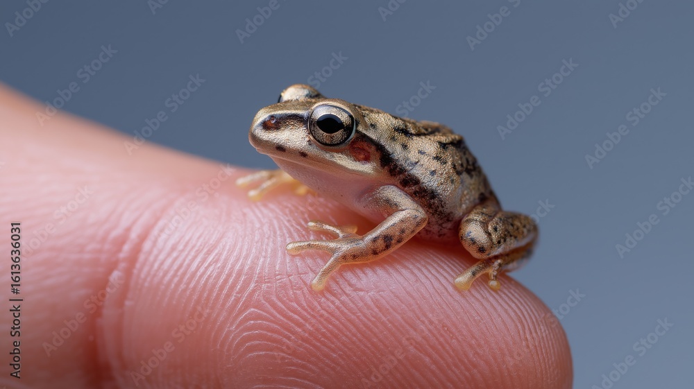 Obraz premium A small frog sits on a fingertip, showcasing its detailed skin texture and curious expression.