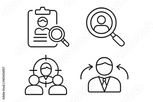 Human resources line icon set. Recruitment, headhunting, resume review, and candidate search concepts. Business icons for target audience, customer focus, and employee management.