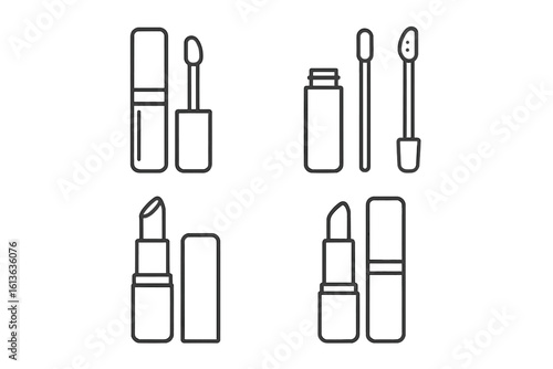 Lip care cosmetics outline icon set. Vector graphic collection of lipstick and lip gloss tubes. Includes twist-up tube, applicator wand, doe-foot tip. Makeup beauty symbol.