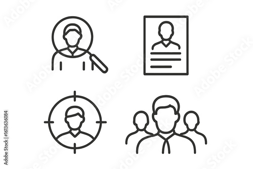 Human resources and recruitment line icon set. Business concepts for headhunting, resume, CV, target audience, and team management. Vector illustration of employee and staff icons.