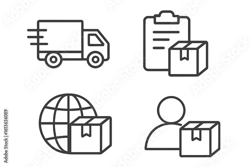 Delivery and logistics web icons set in thin line style. Shipping and courier service concept. Fast truck, global shipping, order checklist, customer with parcel vector.