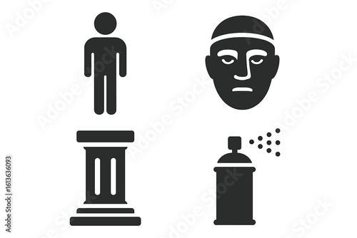 Living statue icon set. Street performer and artist concept. Human sculpture, pedestal, mime mask and spray paint can symbols. Solid glyphs for street art vector illustration.