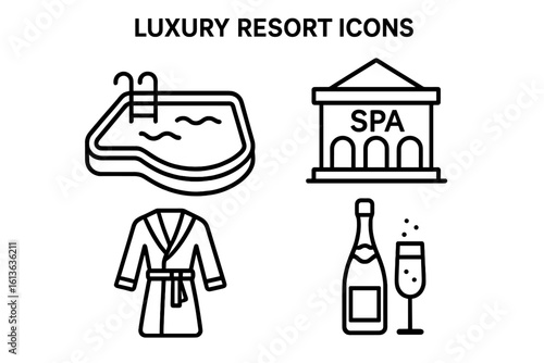 Luxury resort icon set. Hotel amenities line icons. Spa, wellness, relaxation. Vacation symbols. Infinity pool, bathrobe, champagne. Hospitality vector pictogram collection.