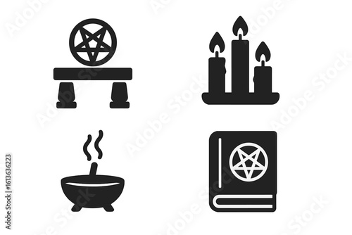 Magic ritual solid glyph icon set. Witchcraft and pagan ceremony symbols. Esoteric wiccan altar, candles, cauldron, and a spellbook with a pentagram vector illustration.