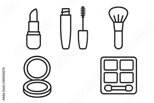 Makeup icon set. Outline vector illustration of beauty essentials. Lipstick, mascara, brush, powder, eyeshadow. Cosmetics line art for glamour and fashion design.