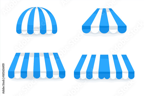 Realistic striped awnings set. Blue and white canopy of different shapes for shop, market, or cafe front. 3D sunshade roof for store exterior. Vector element.