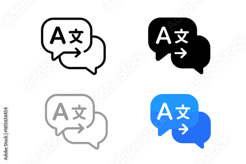 Language translation icon set with chat bubbles. Online translator app symbol. Foreign language communication, dictionary service, and speech exchange vector pictogram.