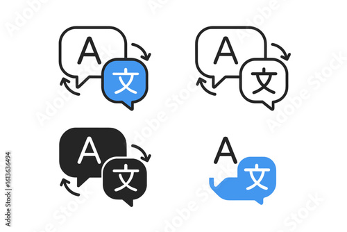 Language translation app icon set. Chat bubbles for online translator. Multilingual communication concept. Foreign language exchange and dictionary vector logo collection.