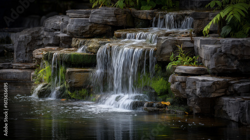 Scenic Stone Pathway Along a Cascading Stream in Serene Forest Garden
