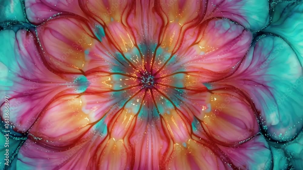 Alcohol ink macro video sacred geometry patterns, glowing lotus naturally as inks spread, radiant cyan, gold fuchsia, slow blooming, fluid mandala spiritual meditation edge divine sacred energy