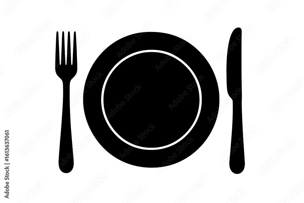 Cutlery icon with plate, fork, and knife vector silhouette. Flat symbol for dining, restaurant menu, food service, dinner invitation or cooking blog. Tableware set. Cutlery icon with plate, fork, and knife vector silhouette. Flat symbol for dining, restaurant menu, food service, dinner invitation or cooking blog. Tableware set.