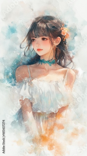 Pensive young Asian woman in off-shoulder dress outdoors