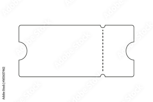 Empty ticket template vector illustration. Blank coupon mockup for event, cinema, or concert admission. Raffle or lottery voucher icon with tear-off stub on isolated background.
