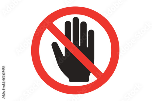 Do not touch icon with hand silhouette. Forbidden sign for no entry, do not push, off limits areas. Red prohibition circle symbol. Vector for warning, danger, restricted access.
