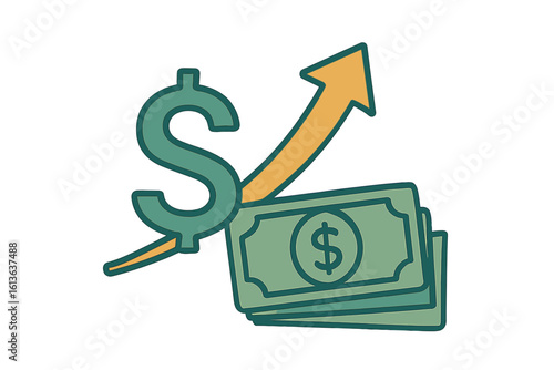 Dollar rate increase, money symbol with arrow up. Financial concept of cash salary increase and investment growth. Money gain, income and earnings icon for success.