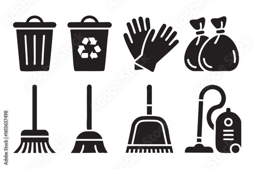 Black and white icons of cleaning tools and trash bags trash can recycle bin