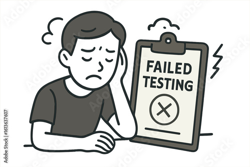Failure concept vector illustration. Sad person with failed testing document. Rejection, bad result, error, and mistake symbol. Disappointment from exam or evaluation.