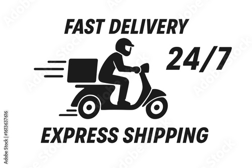 Express delivery service, fast shipping 24/7 with courier on scooter, urgent parcel logistics, rapid transport, same day delivery, vector illustration, modern flat design, urban mobility